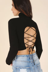 Mock Neck Lace-Up Open Back Top king-general-store-5710.myshopify.com