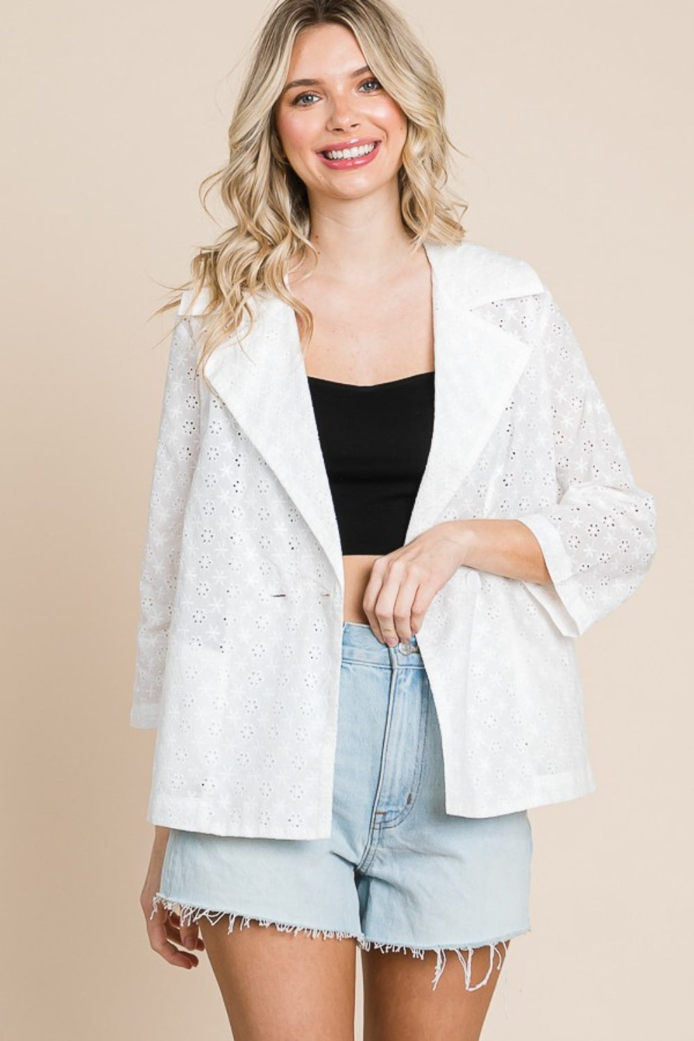 Soft White Culture Code Double Breasted Eyelet Jacket with Pockets