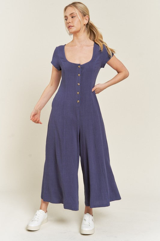 Linen Button Down Short Sleeve Jumpsuit