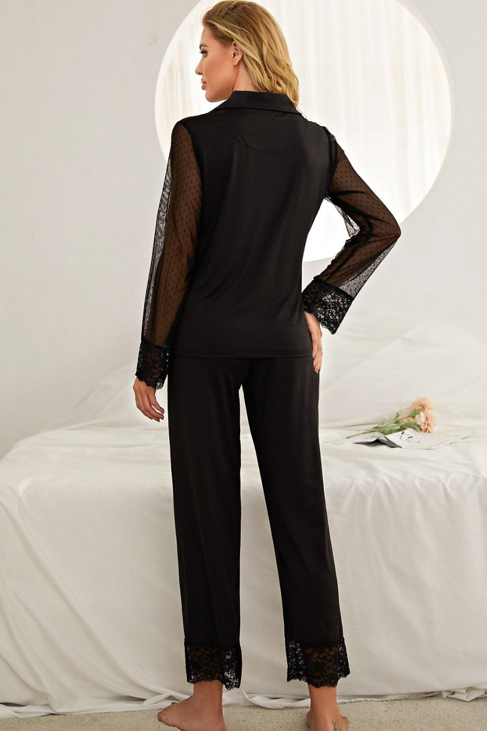 Spliced Lace Lapel Collar Pajama Set