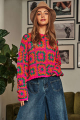 Crochet Patchwork Round Neck Pullover Sweater Top king-general-store-5710.myshopify.com