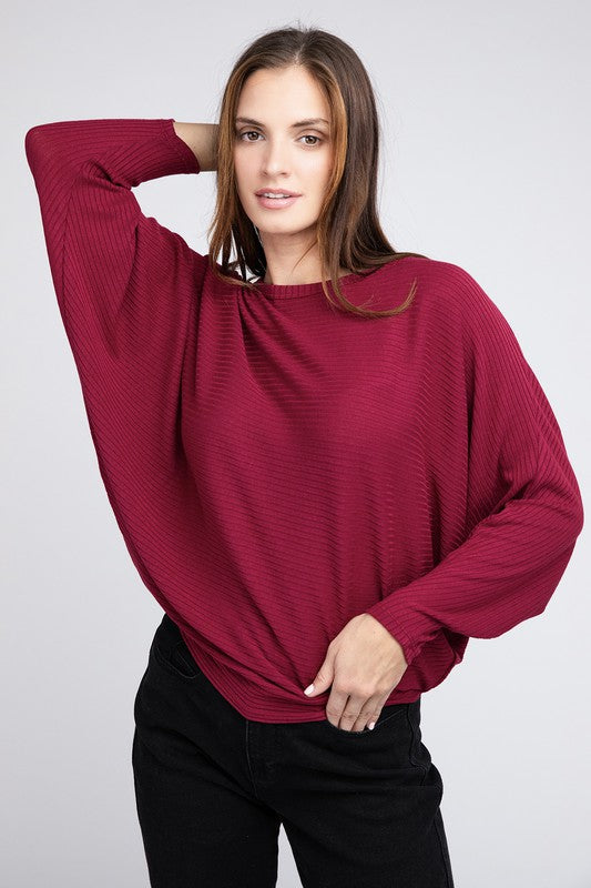 Ribbed Batwing Long Sleeve Boat Neck Sweater king-general-store-5710.myshopify.com