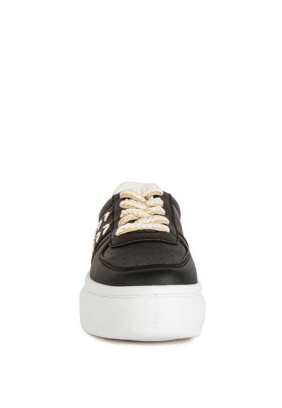 Monigue Faux Leather Cross Stitch Detail Sneakers king-general-store-5710.myshopify.com