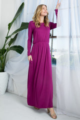 Solid Long Sleeve Elastic Waist Maxi Dress