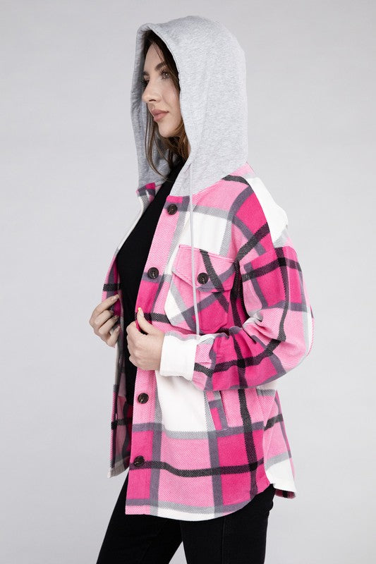 Plaid Drawstring Hooded Fleece Shacket king-general-store-5710.myshopify.com