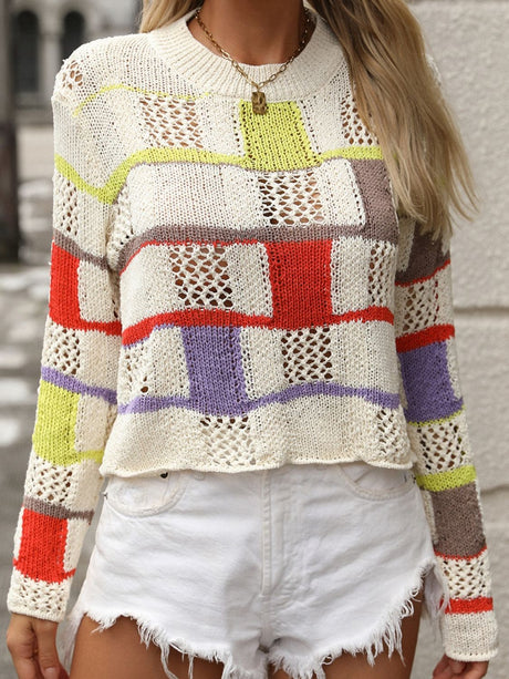 Openwork Color Block Round Neck Sweater