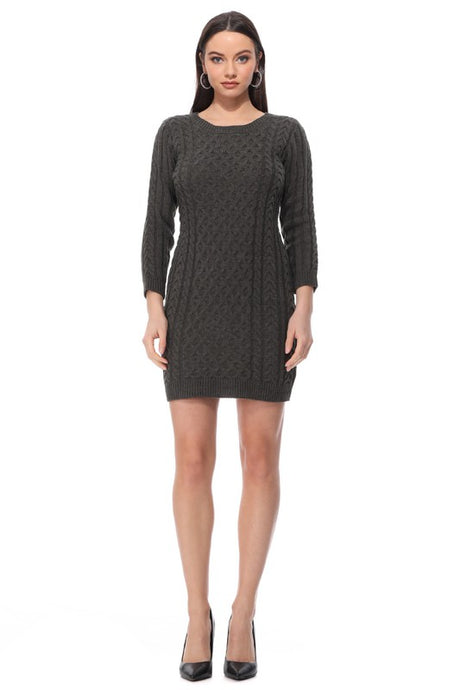 Round Neck Cable Knit Long Sleeve Sweater Dress king-general-store-5710.myshopify.com