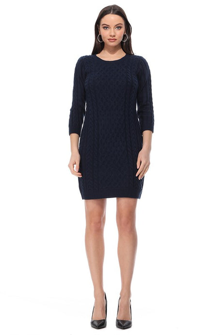 Round Neck Cable Knit Long Sleeve Sweater Dress king-general-store-5710.myshopify.com