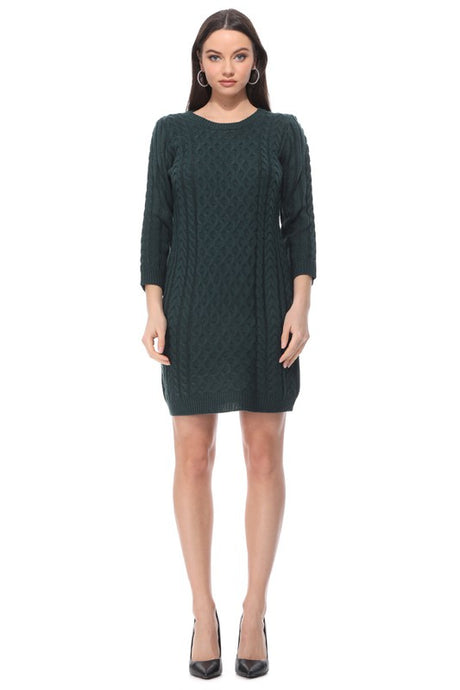 Round Neck Cable Knit Long Sleeve Sweater Dress king-general-store-5710.myshopify.com