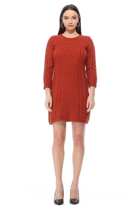 Round Neck Cable Knit Long Sleeve Sweater Dress king-general-store-5710.myshopify.com