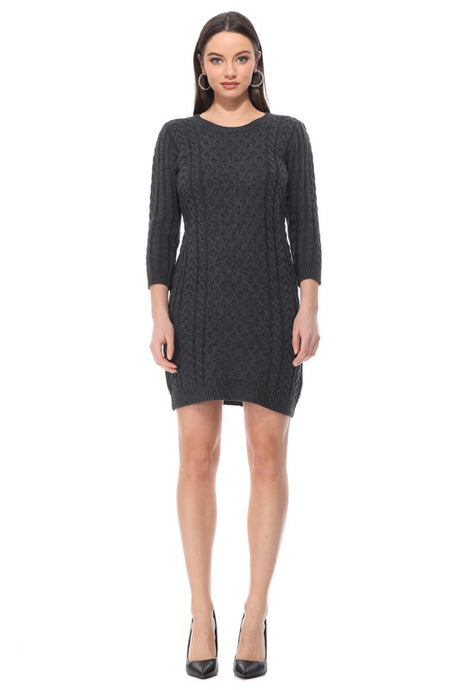 Round Neck Cable Knit Long Sleeve Sweater Dress king-general-store-5710.myshopify.com