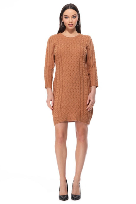 Round Neck Cable Knit Long Sleeve Sweater Dress king-general-store-5710.myshopify.com