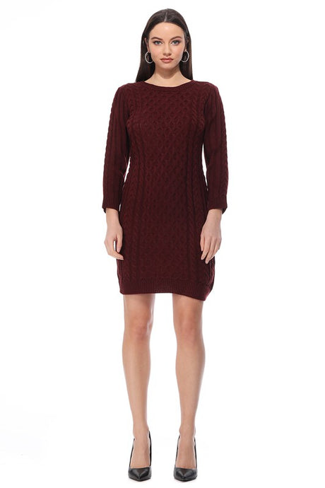 Round Neck Cable Knit Long Sleeve Sweater Dress king-general-store-5710.myshopify.com