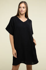 Woven Airflow V Neck T-Shirt Dress with Pockets