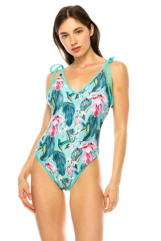 ONE PIECE BATHING SUIT FLORAL PRINT SHOULER TOP king-general-store-5710.myshopify.com