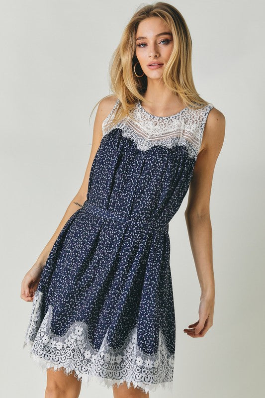 Printed Sleeveless Lace Trim Mini Dress king-general-store-5710.myshopify.com