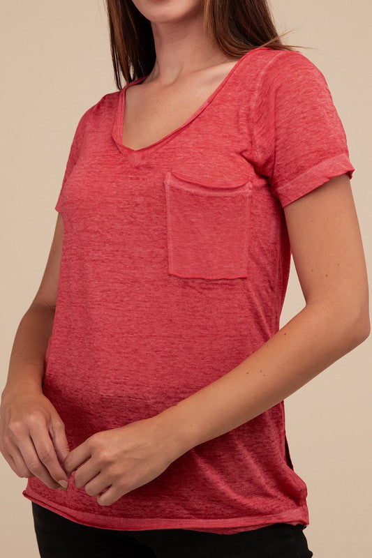 Washed Melange Burnout Scoop V-Neck Top