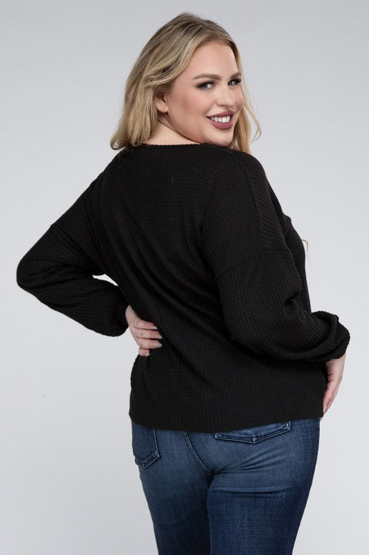 Plus Brushed Waffle V-Neck Button Detail Sweater king-general-store-5710.myshopify.com