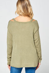 Solid Light Knit V-Neck Cold Shoulder Sweater