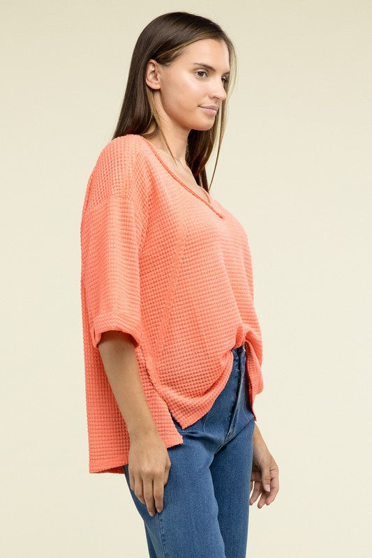 Brushed Waffle Exposed-Seam 3/4 Sleeve Top