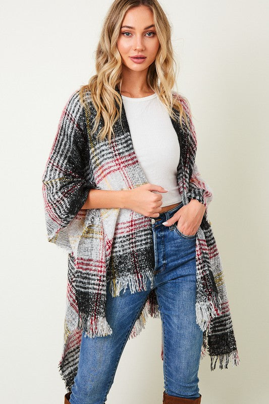 MULTI COLOR PLAID FRINGE TRIM PONCHO SHAWL