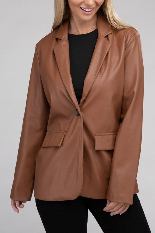 Sleek Pu Leather Blazer with Front Closure king-general-store-5710.myshopify.com