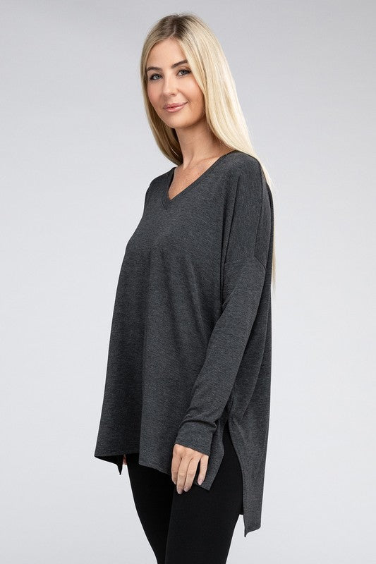 Dolman Long Sleeve V-Neck Side Slit Hi-Low Hem Top king-general-store-5710.myshopify.com