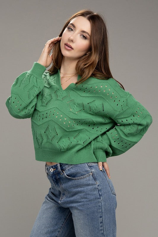 Green Hole-Knit Collared Sweater