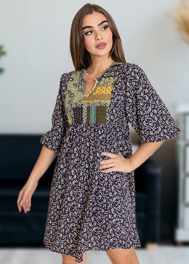 Ditsy 3/4 Sleeve Floral Patch Panel Boho Dress