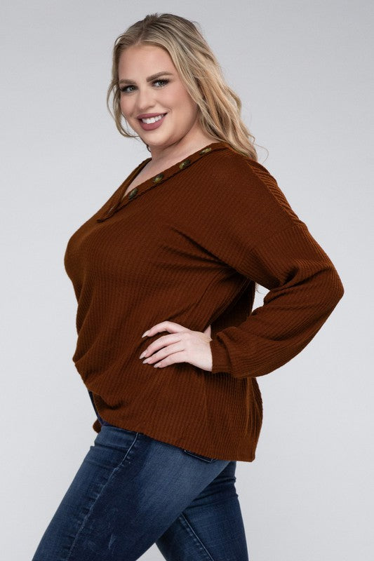 Plus Brushed Waffle V-Neck Button Detail Sweater king-general-store-5710.myshopify.com