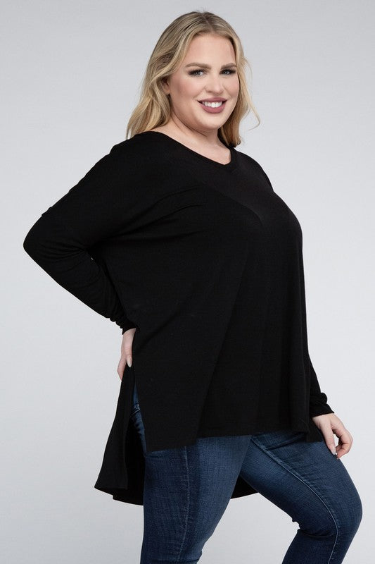 Plus Dolman Sleeve V-Neck Side Slit Hi-Low Hem Top king-general-store-5710.myshopify.com