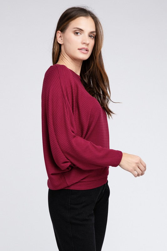 Ribbed Batwing Long Sleeve Boat Neck Sweater king-general-store-5710.myshopify.com