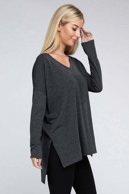 Dolman Long Sleeve V-Neck Side Slit Hi-Low Hem Top king-general-store-5710.myshopify.com