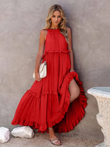 Ruffled Sleeveless Tiered Maxi Dress with Pockets