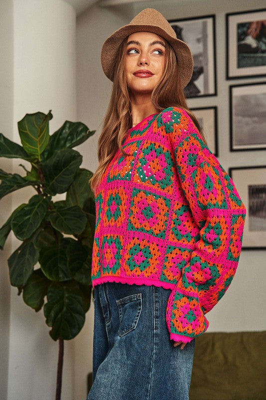 Crochet Patchwork Round Neck Pullover Sweater Top king-general-store-5710.myshopify.com