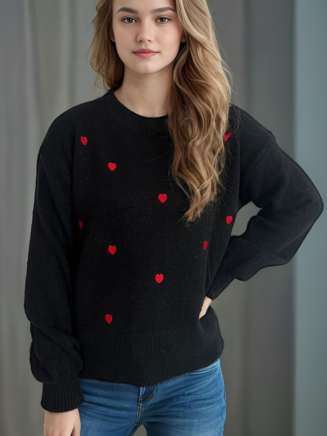 Heart Round Neck Long Sleeve Sweater