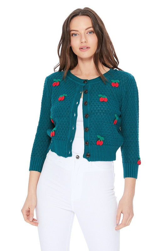 Cherry Crochet Pom Pom Cropped Cardigan Sweater king-general-store-5710.myshopify.com