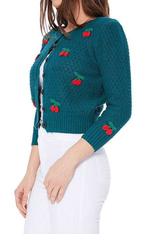 Cherry Crochet Pom Pom Cropped Cardigan Sweater king-general-store-5710.myshopify.com