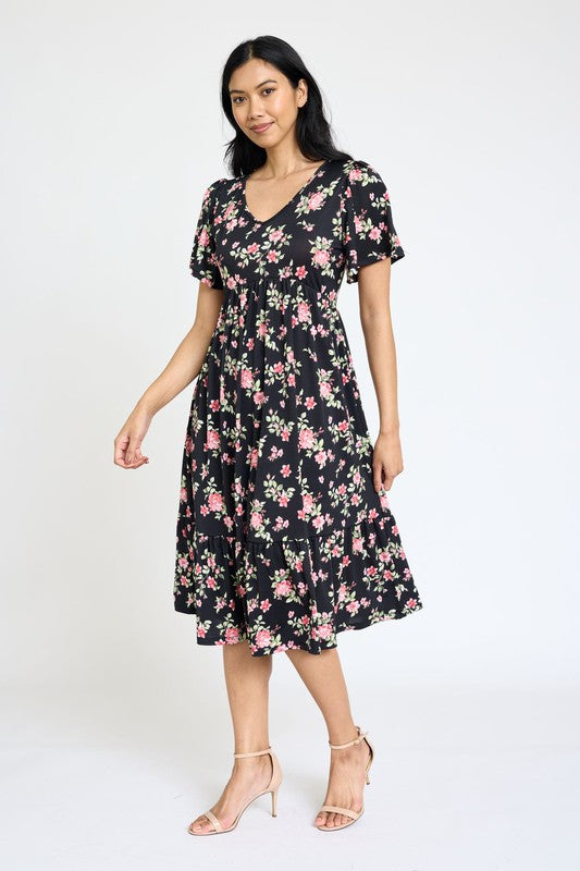 Floral Angel Sleeve Midi Dress