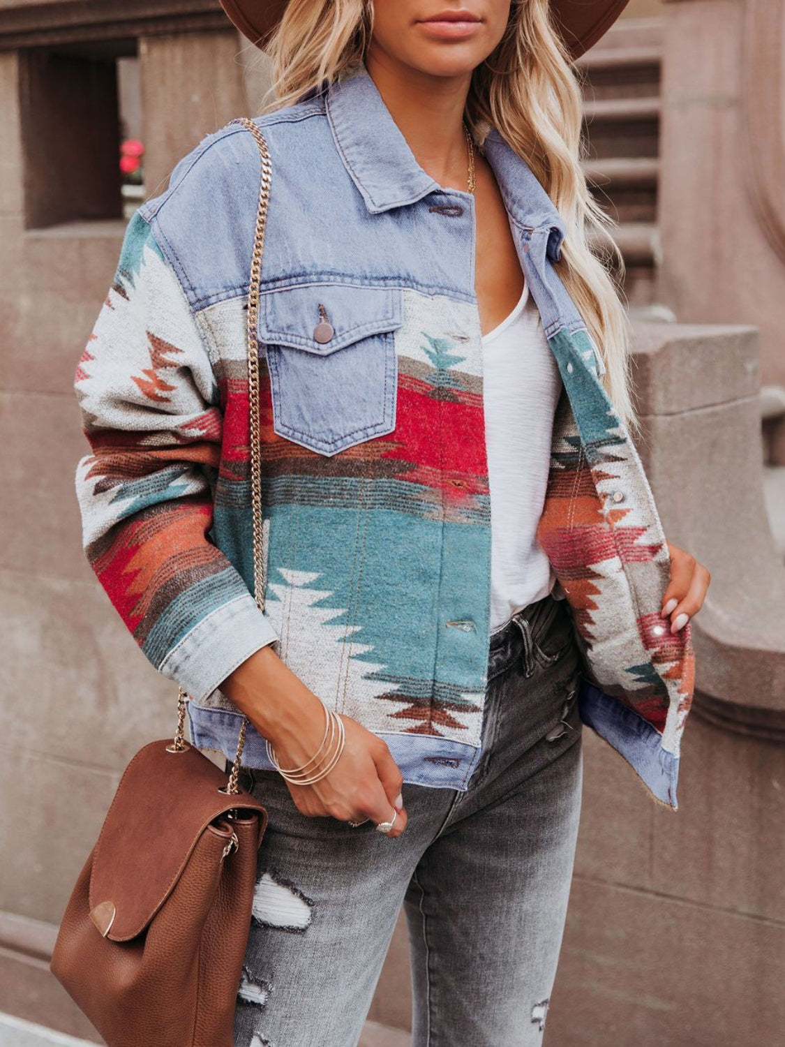 Geometric Button Up Long Sleeve Denim Jacket