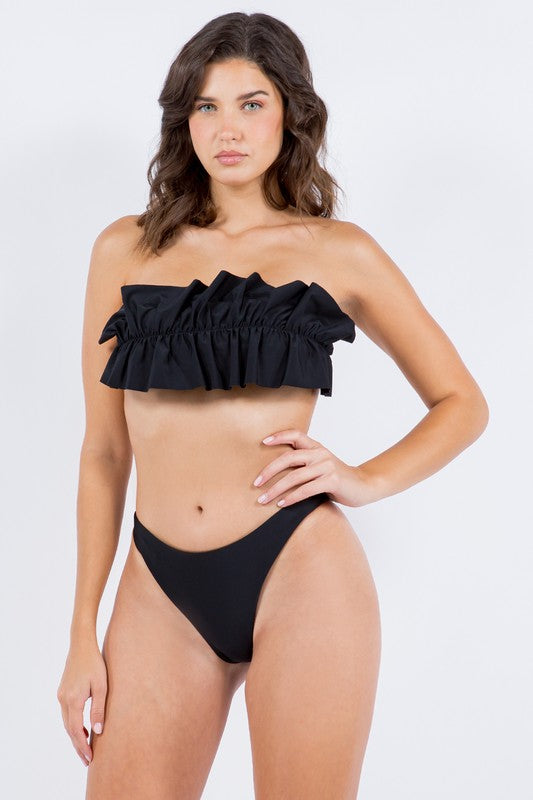 Two Piece Tube Top with Ruched Ruffle Bikini