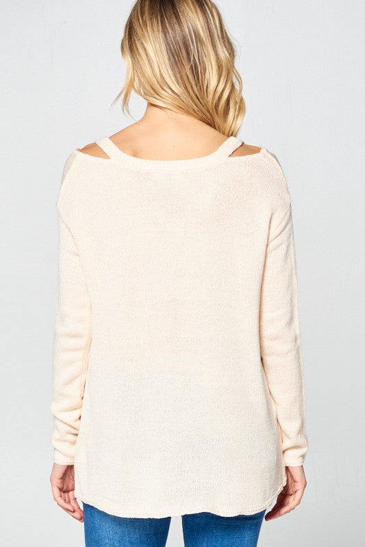 Solid Light Knit V-Neck Cold Shoulder Sweater