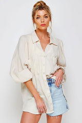 Textured Gauze Button Down Puff Sleeves Blouse Top Shirt