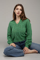 Green Hole-Knit Collared Sweater