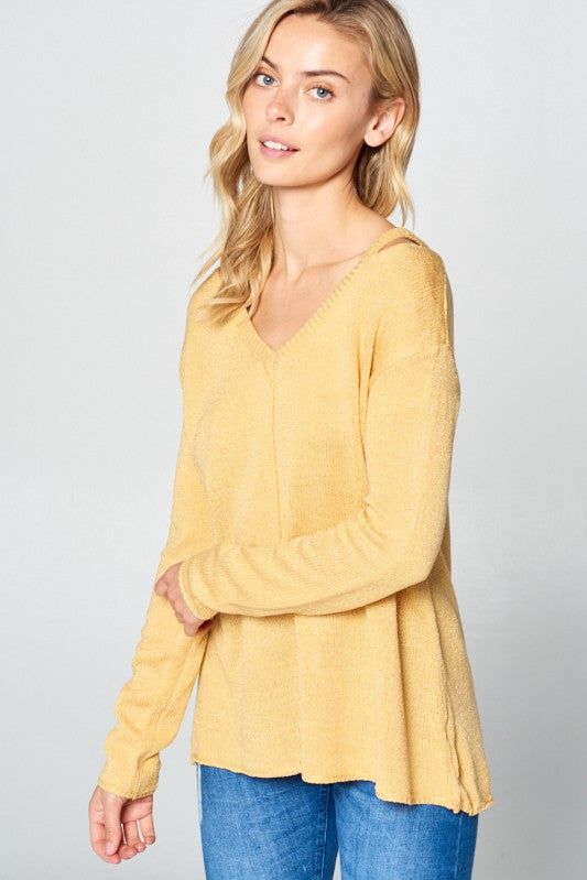 Solid Light Knit V-Neck Cold Shoulder Sweater