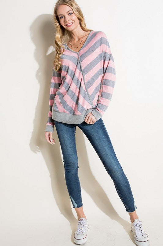 HACCI SLUB STRIPE V NECK TOP