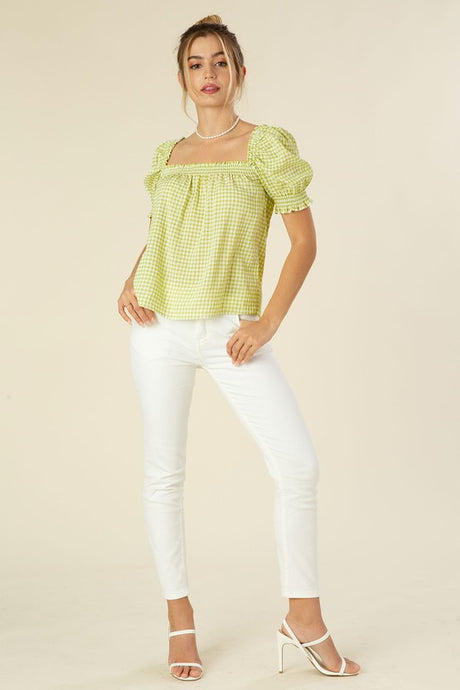 Green Gingham Smocked Blouse with Puff Sleeve king-general-store-5710.myshopify.com