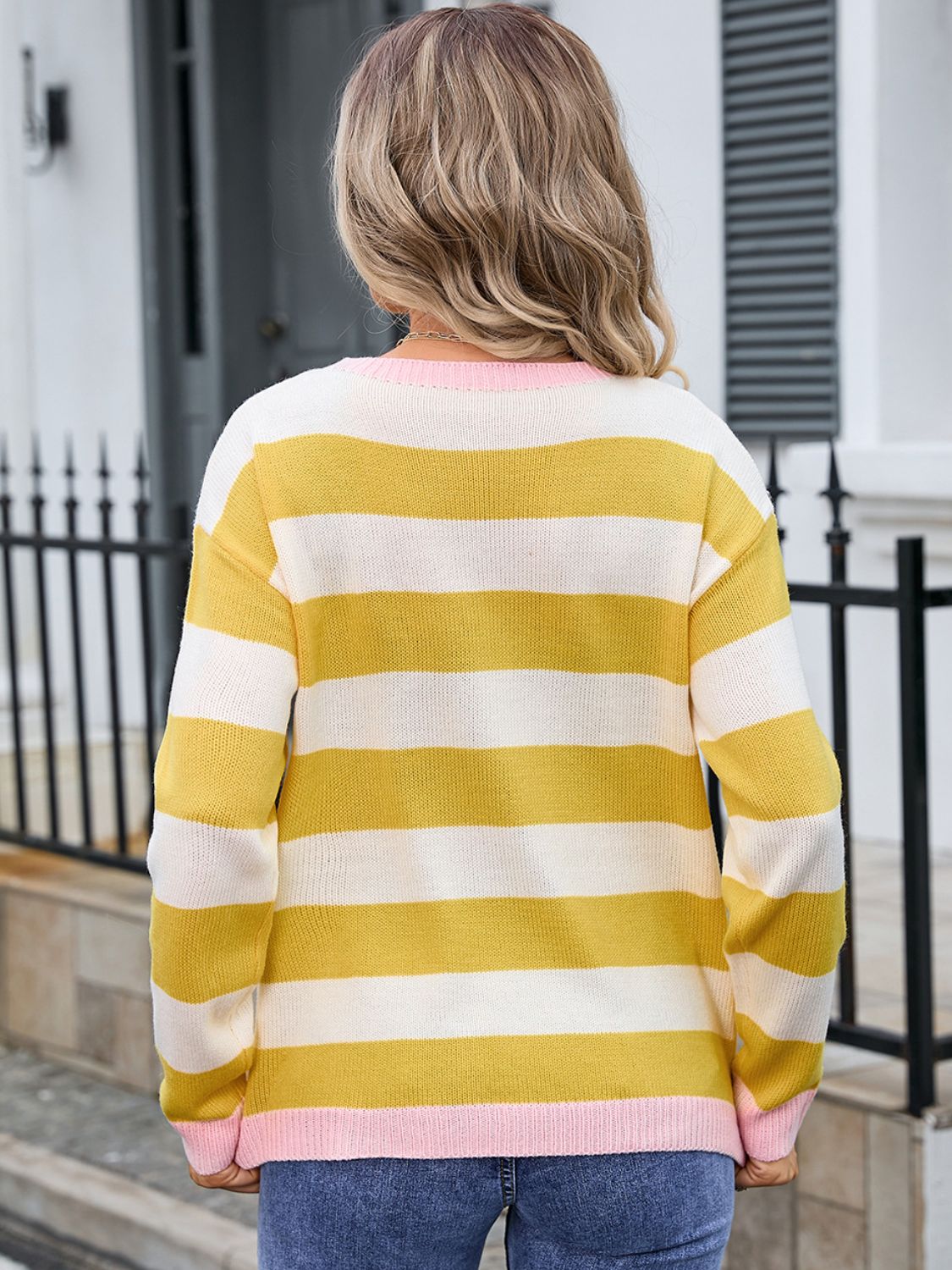 Angel Wings Striped Round Neck Dropped Shoulder Sweater