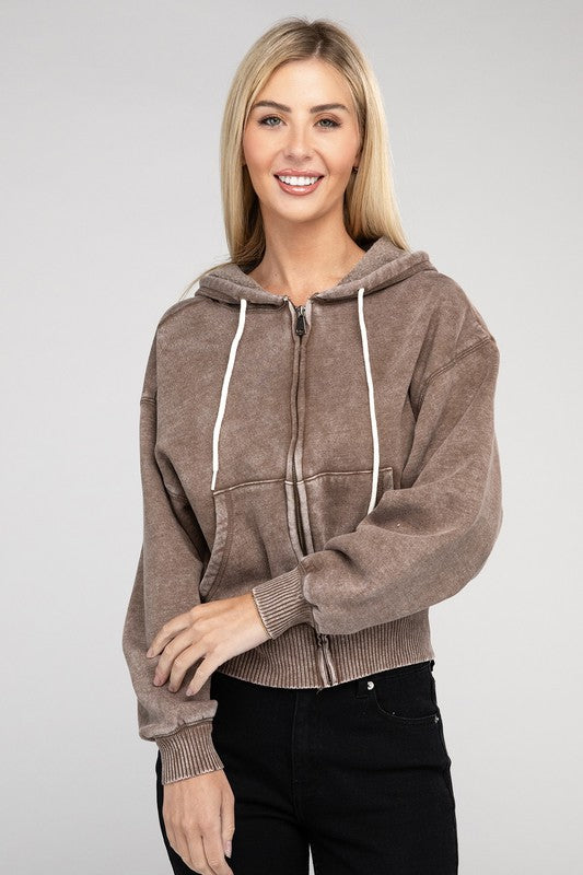 Acid Wash Fleece Cropped Zip-Up Hoodie king-general-store-5710.myshopify.com