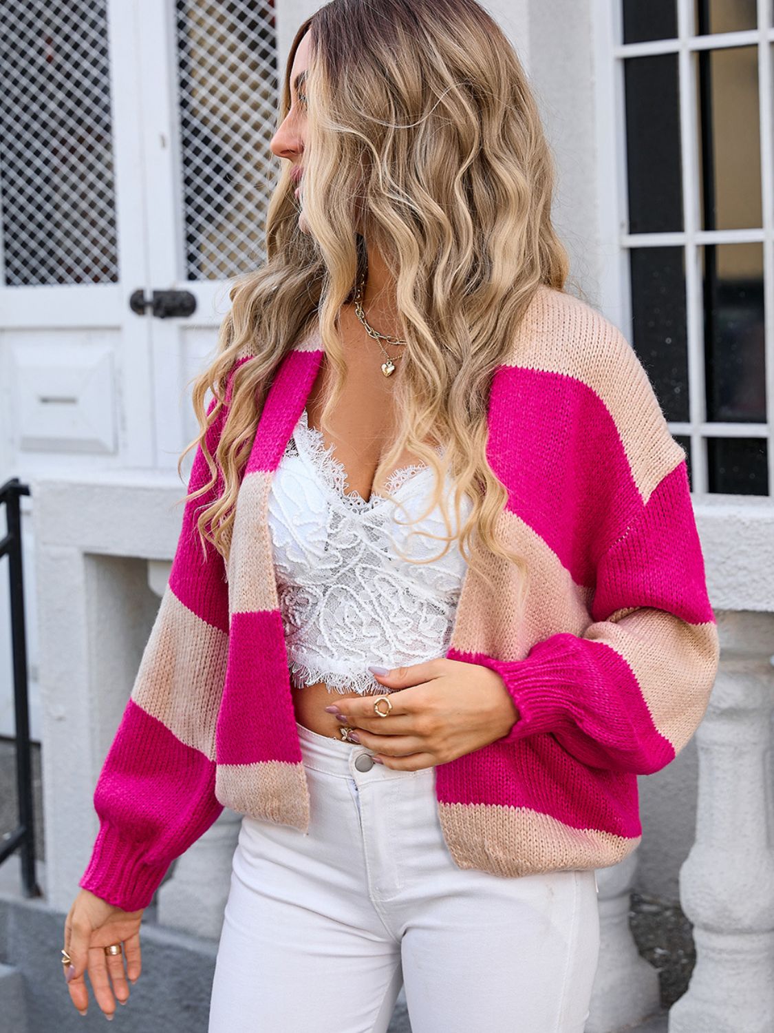 Angel Wings Striped Open Front Dropped Shoulder Cardigan